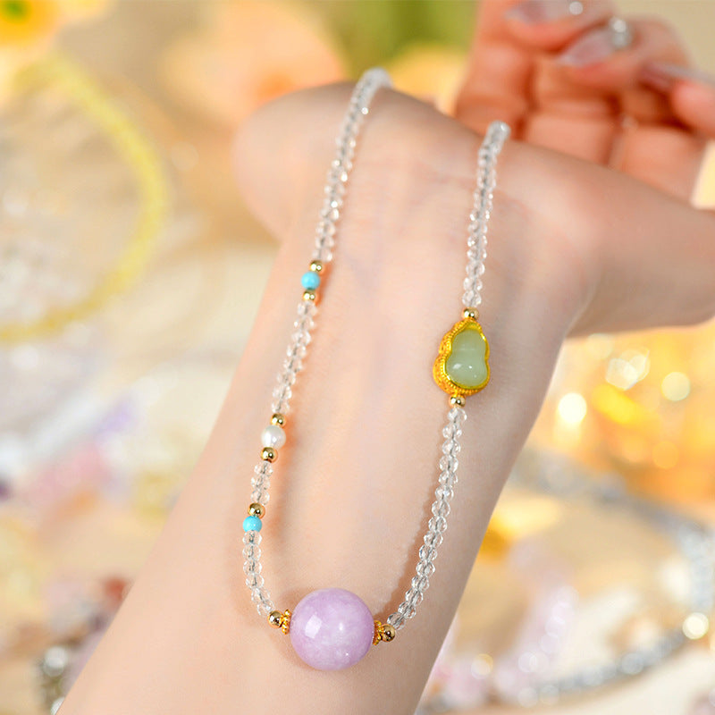 Natural White Crystal Purple Kyanite Gourd Necklace | Adjustable Collarbone Chain for Women