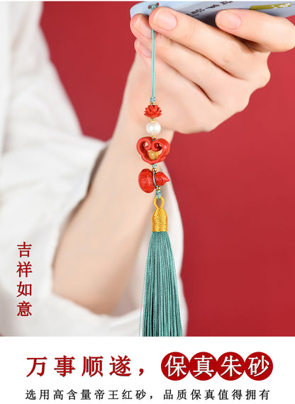 Natural Imperial Red Cinnabar Ruyi Gourd Phone Charm – Protection & Prosperity Talisman