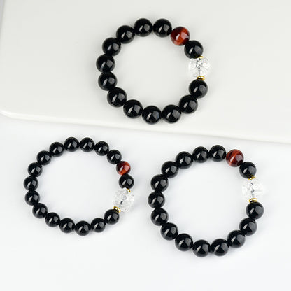 Natural Obsidian Bracelet with White Crystal Lion Awakening - Unisex Spiritual Protection Beaded Jewelry