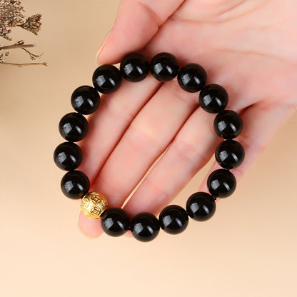 Natural Obsidian Gold Copper Coin Bead Bracelet - Chinese Style Unisex Protection Wealth Charm