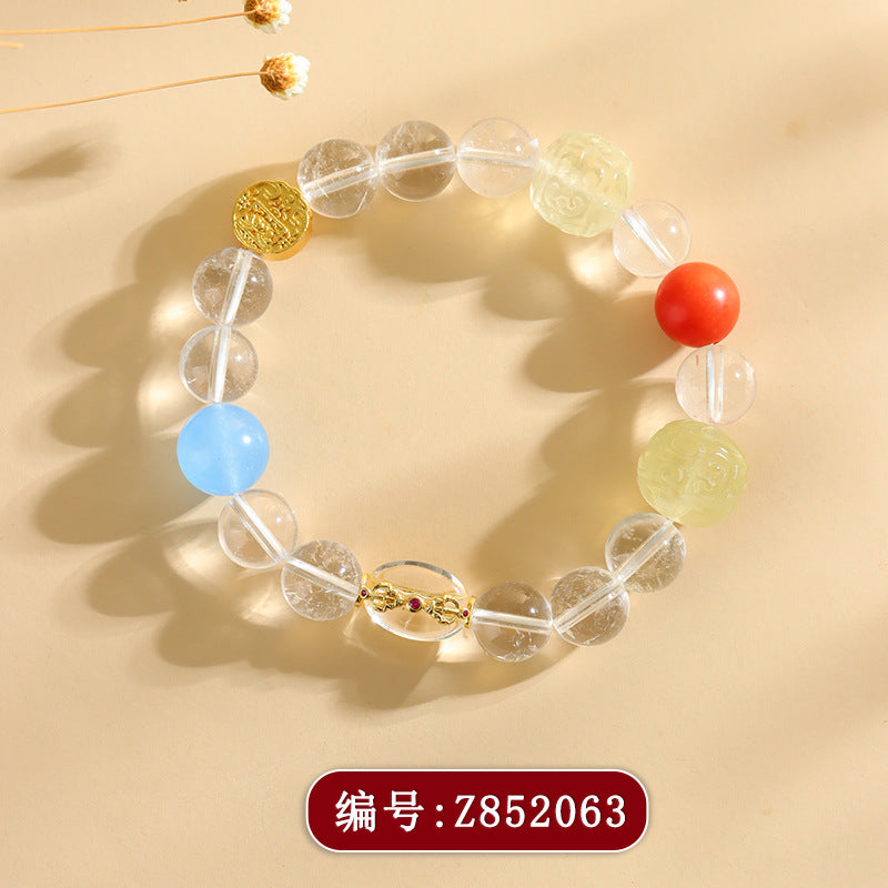 Five-Way God of Wealth Golden Crystal Bracelet | Four Directions Gather Gold Natural White Crystal Unisex Couple Amulet