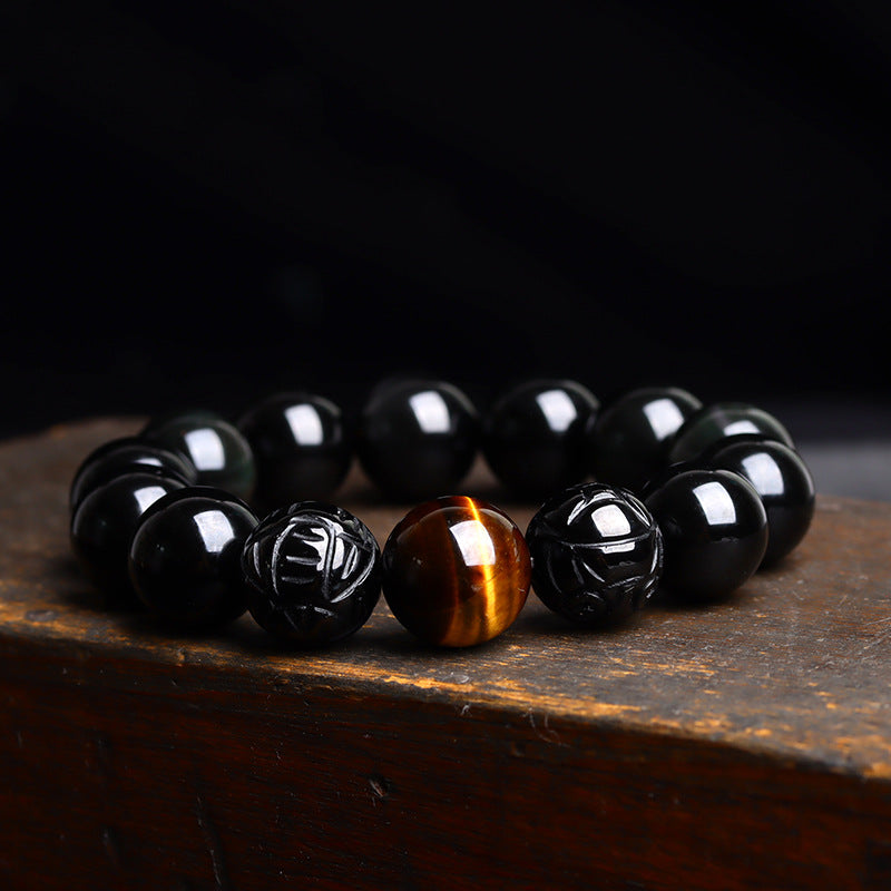 Natural Obsidian Gold-Swallowing Pixiu Double Color Tiger Eye Stone Bracelet for Wealth & Protection