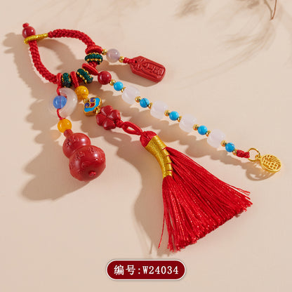 Imperial Red Cinnabar Gourd Broom Tassel Keychain - Fortune & Protection Amulet