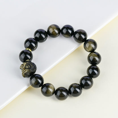 Golden Obsidian Double Color Eye Bracelet with Awakening Lion - Chinese Style Spiritual Protection Jewelry