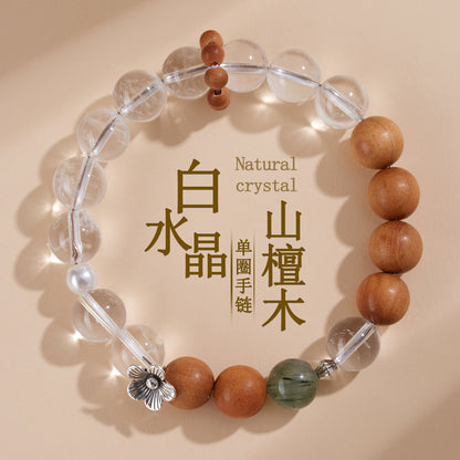 Natural White Crystal Sandalwood Green Rutilated Quartz Bracelet - Zen Buddhist Beads for Spiritual Harmony