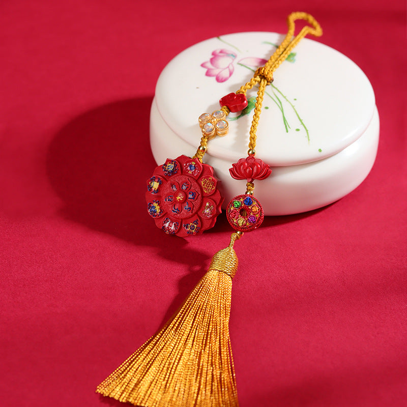 Natural High-Content Cinnabar Eight Treasures Lotus Pendant Keychain - Mystical Protection Charm