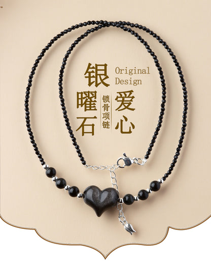 Natural Silver Obsidian Heart Necklace | Adjustable Collarbone Chain for Women