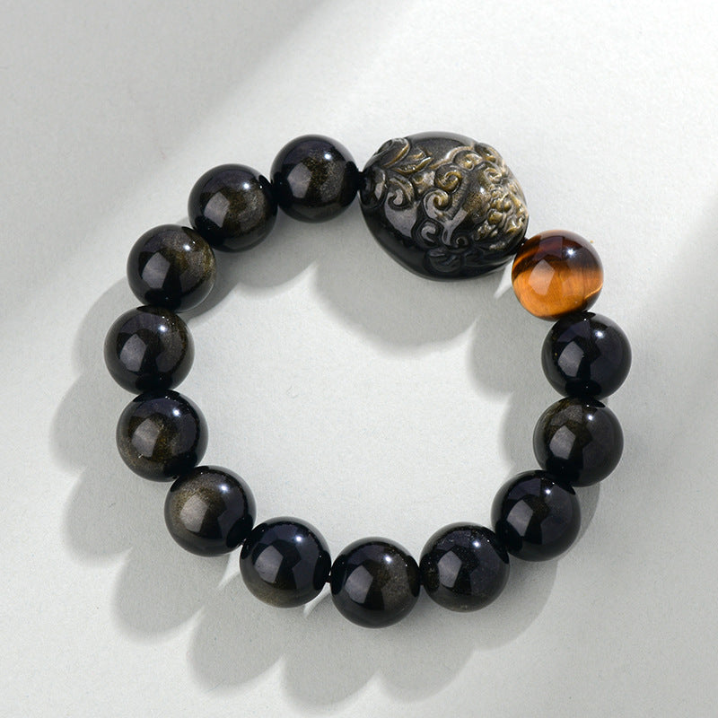 Natural Rainbow Eye Obsidian Pixiu Bracelet - Wealth and Protection Talisman for Couples