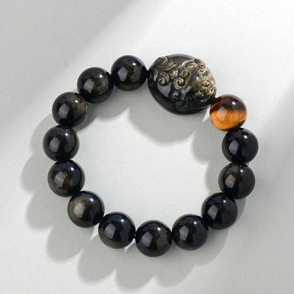 Natural Rainbow Eye Obsidian Pixiu Bracelet - Wealth and Protection Talisman for Couples