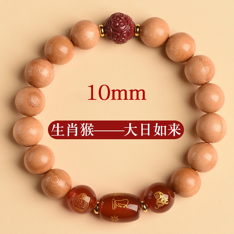 Ancient Peach Wood Cinnabar Zodiac Buddha Protection Bracelet for Harmony
