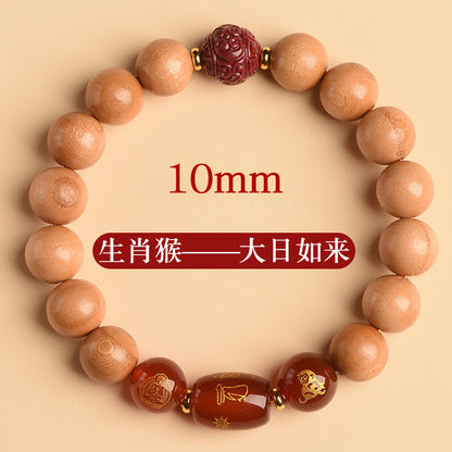 Ancient Peach Wood Cinnabar Zodiac Buddha Protection Bracelet for Harmony