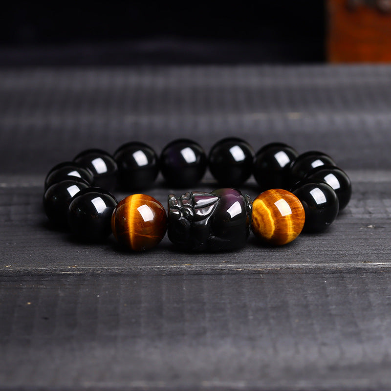 Natural Crystal Obsidian Pixiu Tiger Eye Bracelet - Ethnic Unisex Couple Spiritual Jewelry