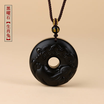 Natural Obsidian Zodiac Peace Buckle Pendant | Spiritual Protection & Fortune Necklace