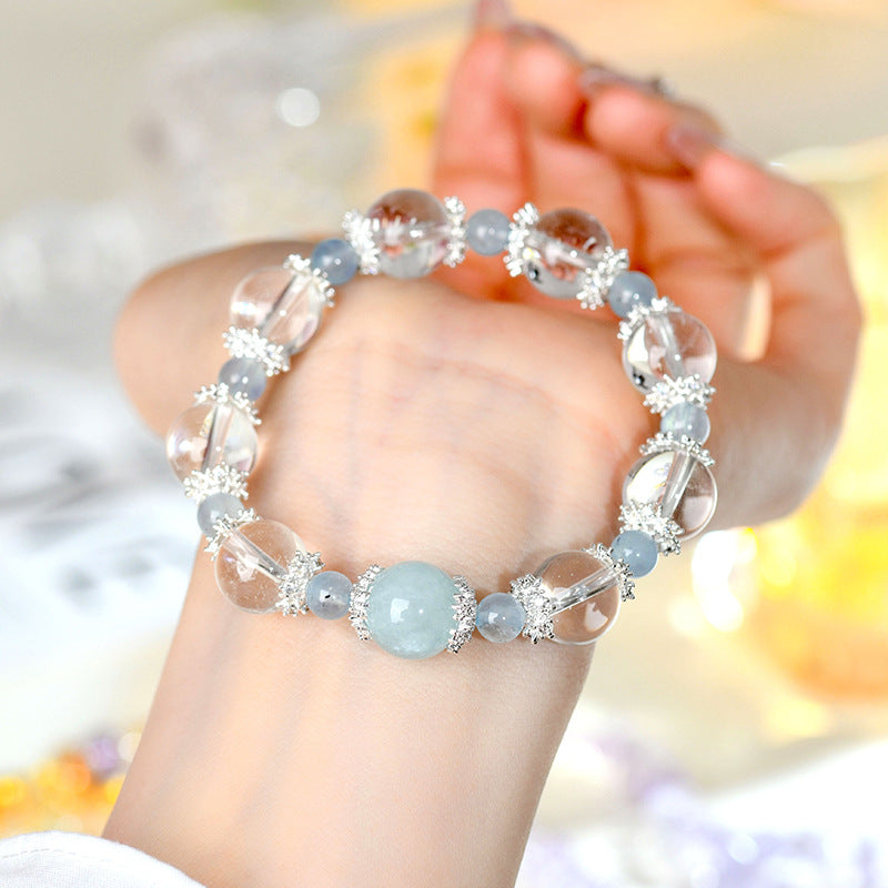 Natural White Crystal Aquamarine Bracelet - Elegant Women's Spiritual Jewelry for Peace and Prosperity