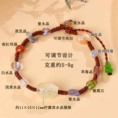 Natural Yellow Crystal Pixiu Bracelet with Crushed Gemstones | Wealth Attraction Handwoven Amulet