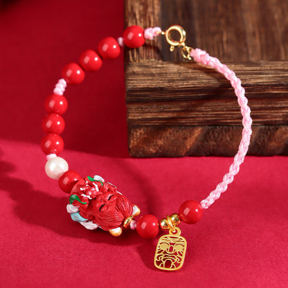 Natural High Content Cinnabar Nine-Tailed Fox Hand-Woven Bracelet | Mystical Protection & Fortune Charm