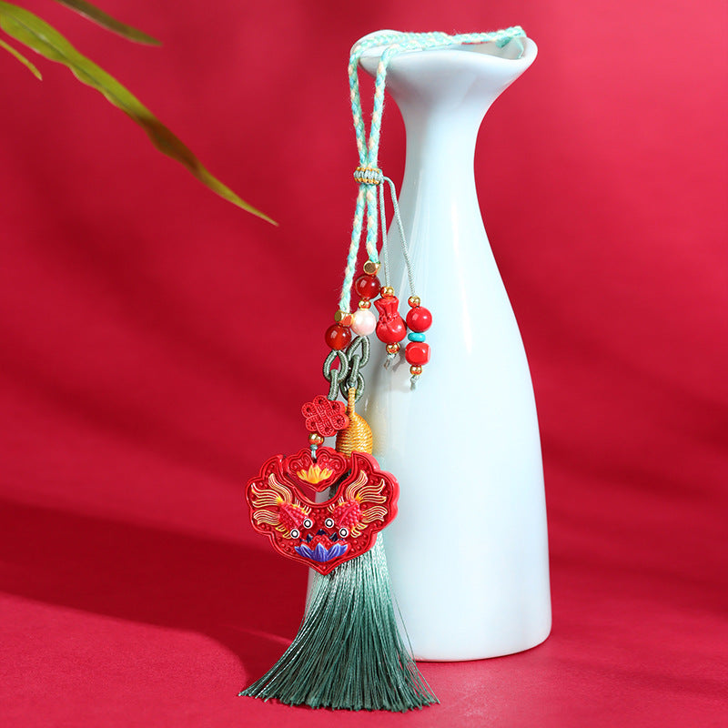Natural Imperial Red Cinnabar Double Fish Koi Lock Car Pendant Keychain