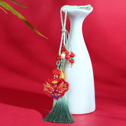 Natural Imperial Red Cinnabar Double Fish Koi Lock Car Pendant Keychain