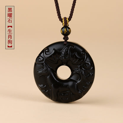 Natural Obsidian Zodiac Peace Buckle Pendant | Spiritual Protection & Fortune Necklace