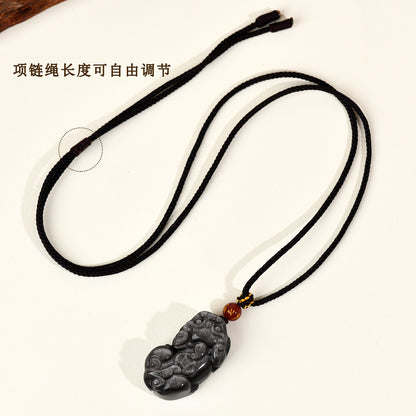 Natural Black Obsidian Pixiu Pendant with Copper Coin and Ruyi Carving - Wealth and Protection Amulet