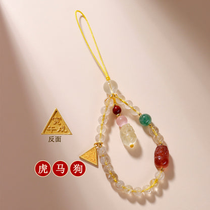 Twelve Zodiac Three-in-One Pixiu Phone Chain with Natural Yellow Rutilated Quartz Crystal Pendant