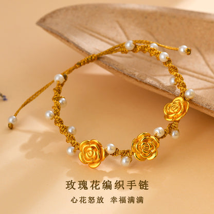 Golden Sand Rose Hand-Woven Bracelet | Ancient French Chinese Style Women's Luck Charm