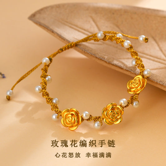 Golden Sand Rose Hand-Woven Bracelet | Ancient French Chinese Style Women's Luck Charm