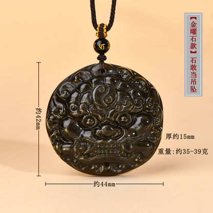 Golden Obsidian Bagua Pixiu Pendant Necklace - Spiritual Protection & Wealth