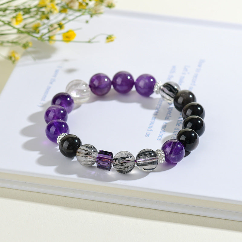 Amethyst Black Rutilated Quartz Capricorn Bracelet - Mystical Zodiac Protection & Wisdom Enhancer