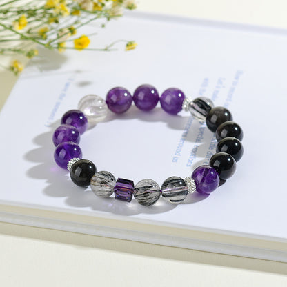 Amethyst Black Rutilated Quartz Capricorn Bracelet - Mystical Zodiac Protection & Wisdom Enhancer