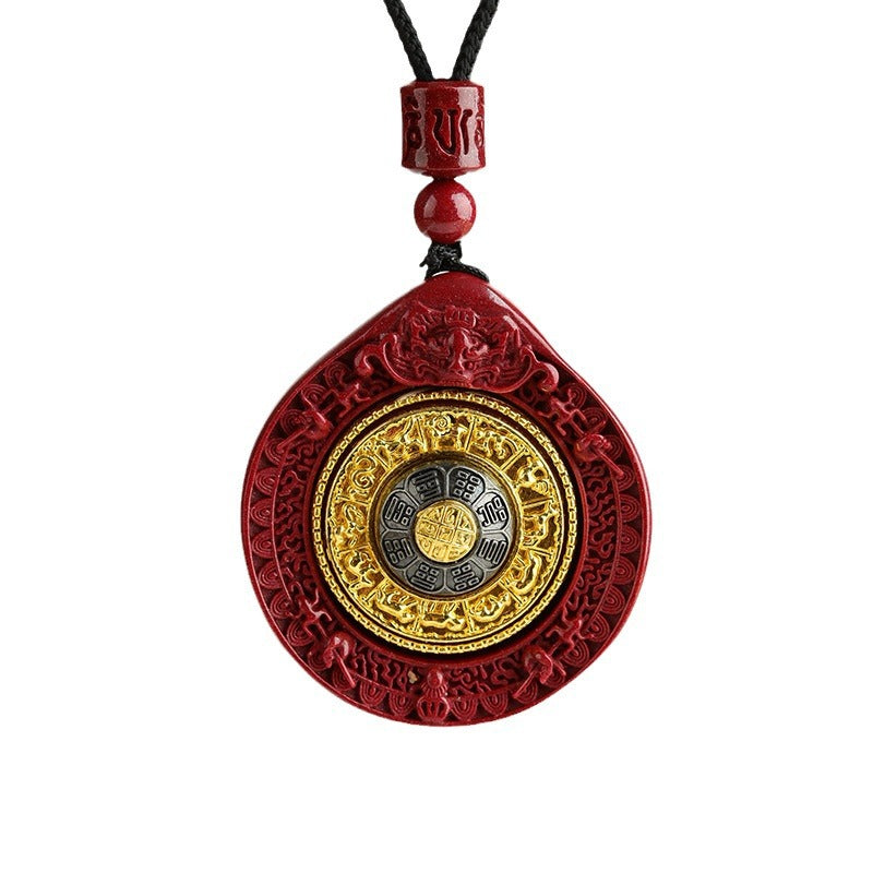 Natural Cinnabar Nine Palaces Eight Diagrams Rotatable Pendant - Tibetan Spiritual Amulet for Protection