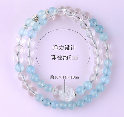 Natural Aquamarine and White Crystal Pixiu Double Circle Bracelet - Spiritual Elegance for Women