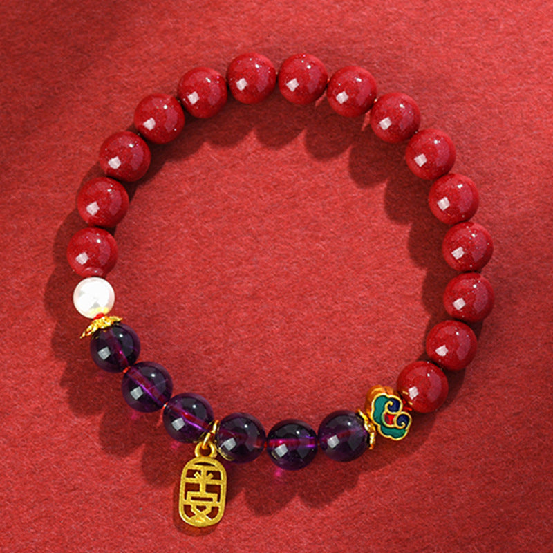 Natural Cinnabar Amethyst Bracelet with Purple Gold Sand - Chinese Style Spiritual Protection Jewelry