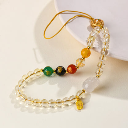 Natural Yellow Crystal Five-Way Wealth God Pixiu Phone Pendant - Wealth Attraction Charm