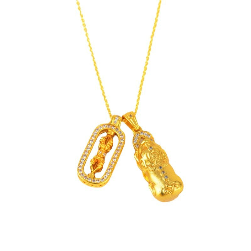 Gold Sand Gold Inlaid Diamond Pixiu Vajra Pendant Necklace | Ancient Craftsmanship Retro Collar Chain