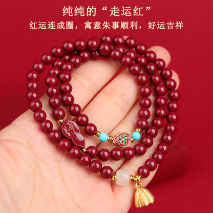Natural Purple Gold Cinnabar Three-Circle Buddha Bead Bracelet with Lotus Pod Pendant