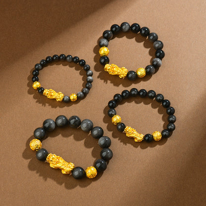Natural Obsidian Gold Pixiu Bracelet | Wealth Attraction & Protection Amulet