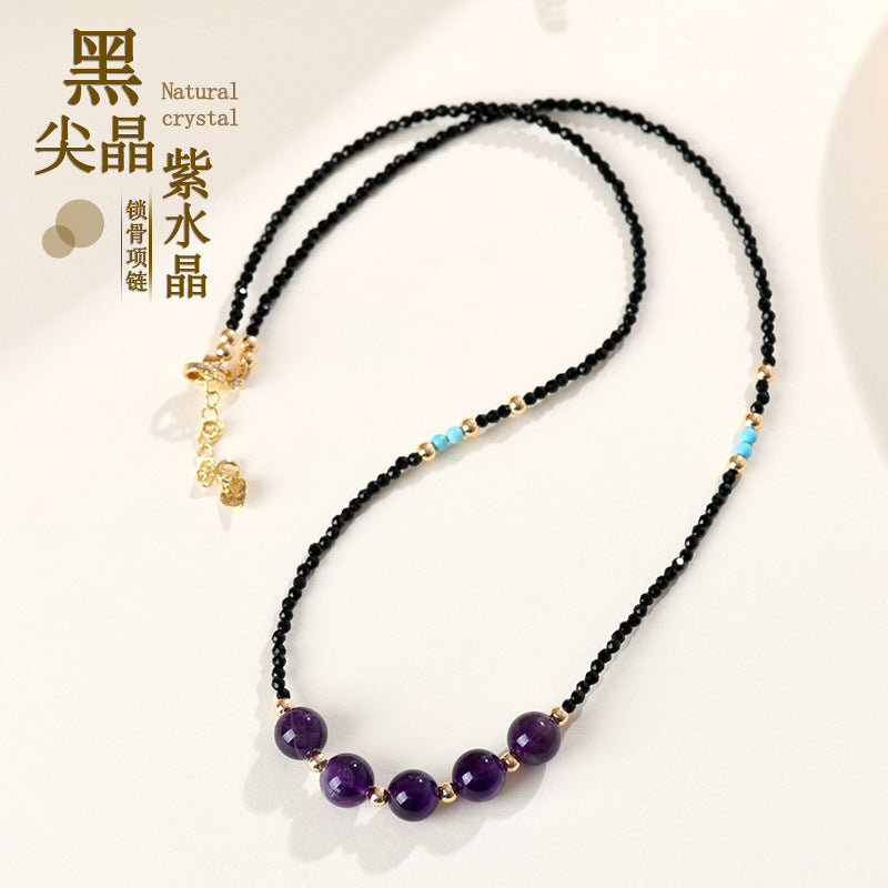 Natural Black Spinel Amethyst Collarbone Necklace Adjustable Original Design Women's New Internet Hot Necklace
