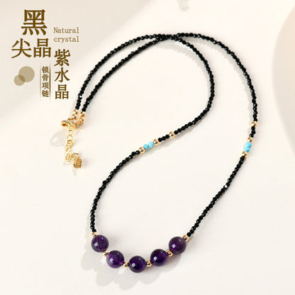Natural Black Spinel Amethyst Collarbone Necklace Adjustable Original Design Women's New Internet Hot Necklace