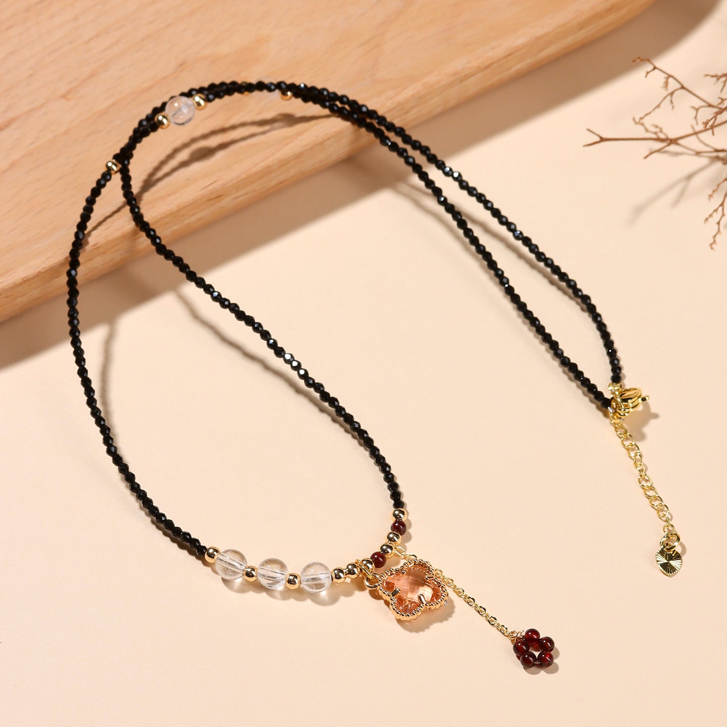 Black Spinel Multi-Circle Bracelet with Four-Leaf Clover | Lucky Charm Protection Jewelry