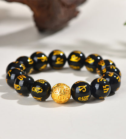 Natural Obsidian Six-Word Mantra Copper Coin Bead Bracelet - Spiritual Protection & Wealth Attraction