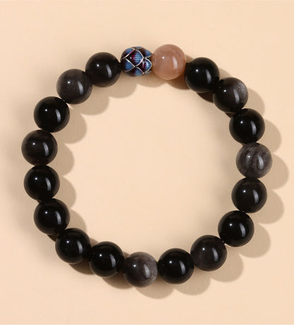 Natural Obsidian Sunstone Couple's Meditation Bracelet | Protection & Harmony Energy