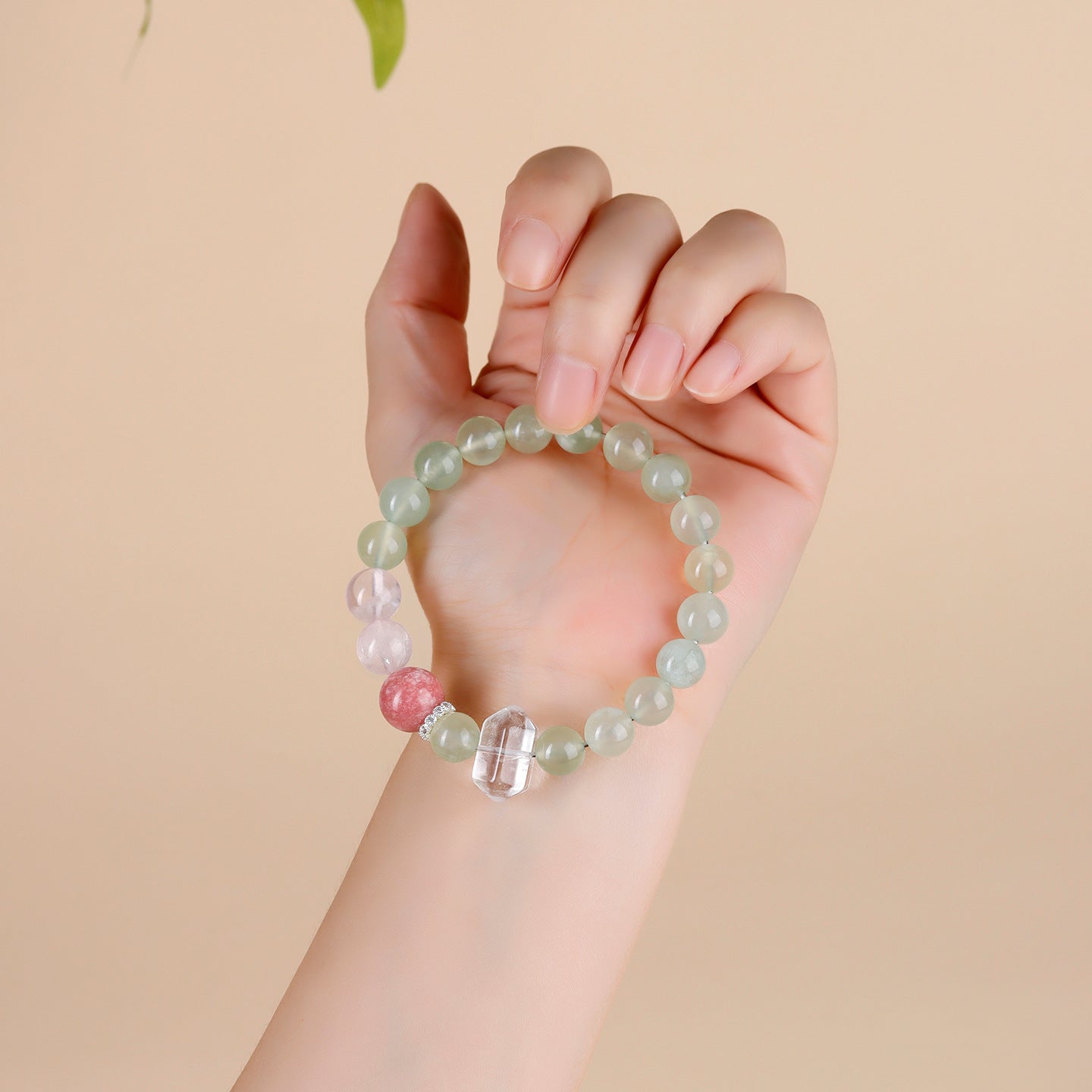 Natural Xiuyan Jade Bracelet with Ice Pink Crystal and Cherry Blossom Motifs