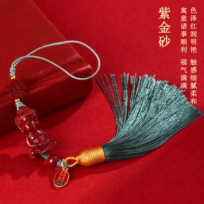 Natural Purple Gold Cinnabar Infant Buddha Charm with Handwoven Tassel for Phone & Bag