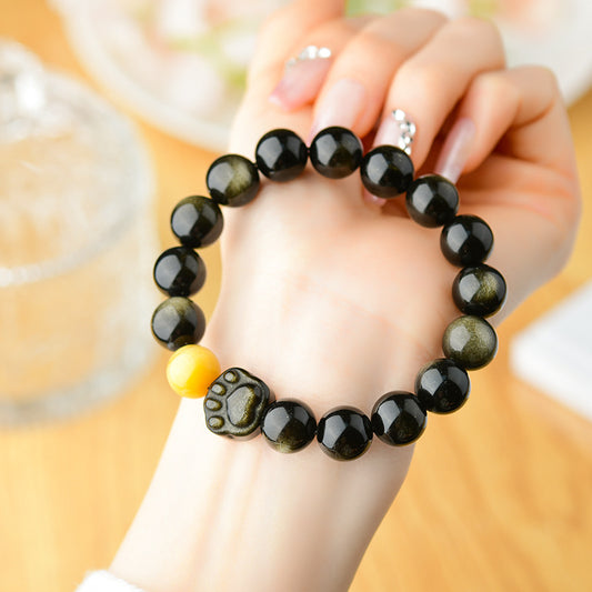 Golden Obsidian Tiger Eye Cat Claw Bracelet | Dual Energy Protection & Wealth Attraction