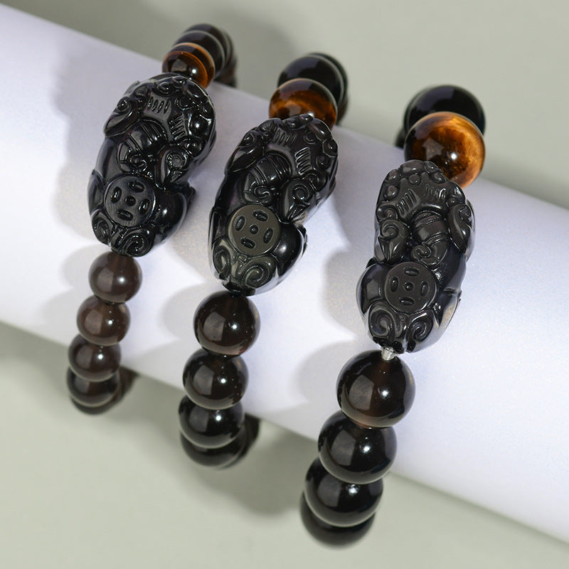 Natural Rainbow Eye Obsidian Pixiu Bracelet - Wealth and Protection Talisman for Couples