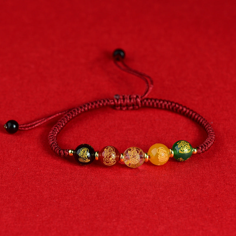 Five-Way God of Wealth Bracelet: Dragon Year Red Rope with Natural Agate for Wealth & Protection