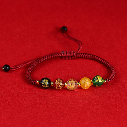 Five-Way God of Wealth Bracelet: Dragon Year Red Rope with Natural Agate for Wealth & Protection