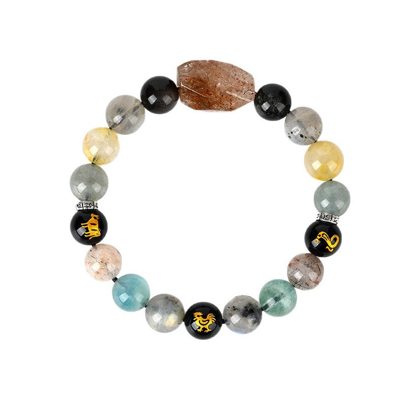 Natural Crystal Zodiac Three-In-One Bracelet | Black Gold Flexible Birth Year Unisex Couple Energy Jewelry