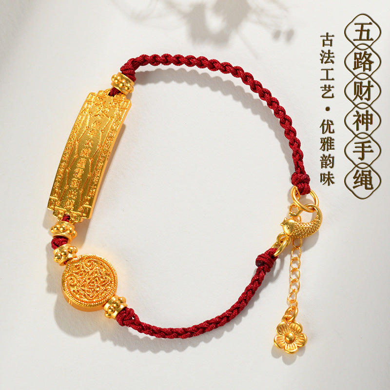 Golden Tai Sui Five Directions Wealth God Woven Bracelet - Tibetan Style Red Rope for Prosperity